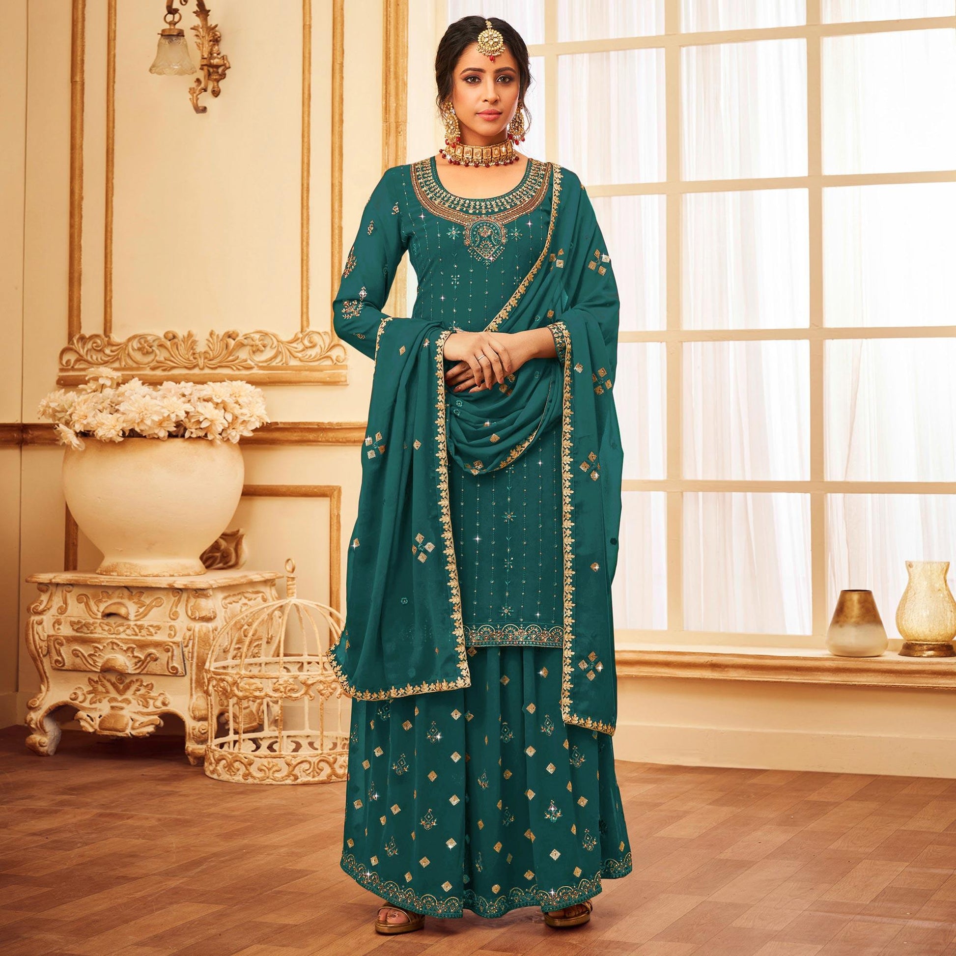 Morpich Embroidered With Embellished Georgette Palazzo Suit