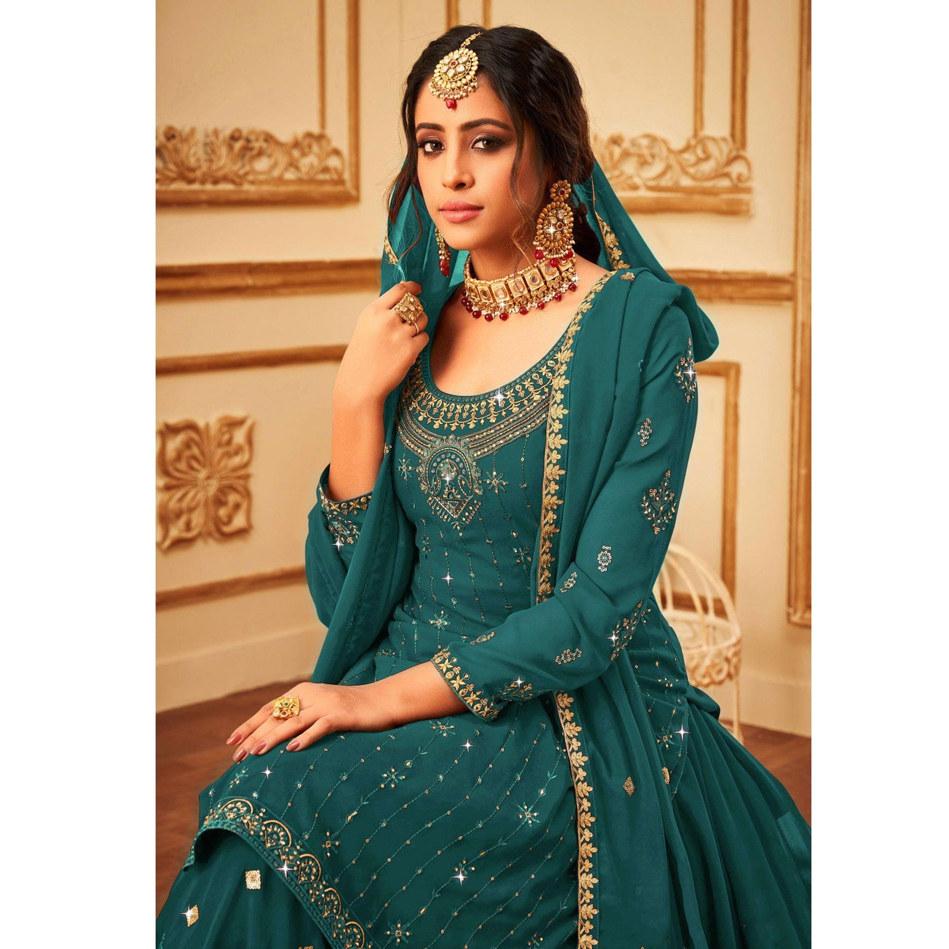 Morpich Embroidered With Embellished Georgette Palazzo Suit
