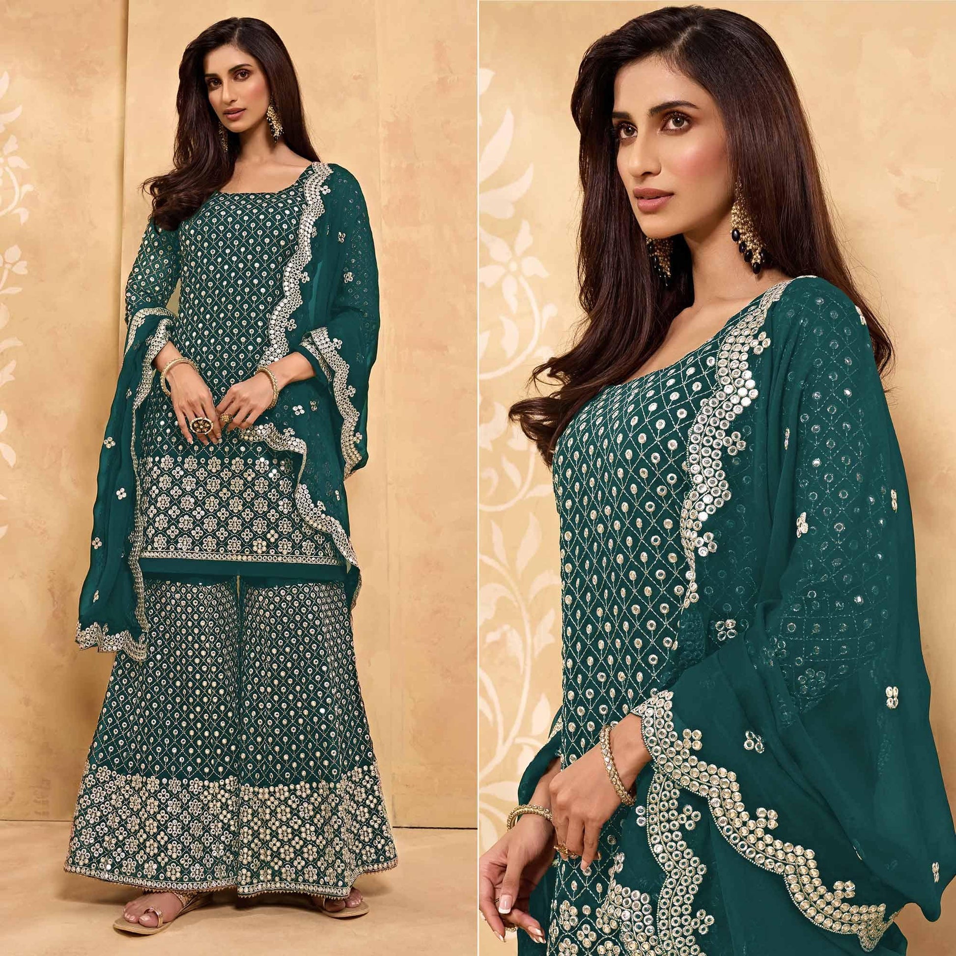 Morpich Embroidered With Embellished Georgette Sharara Suit