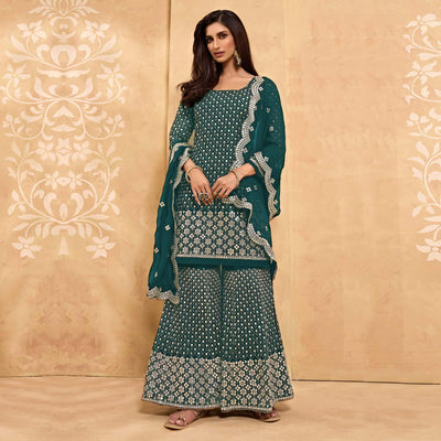 Morpich Embroidered With Embellished Georgette Sharara Suit