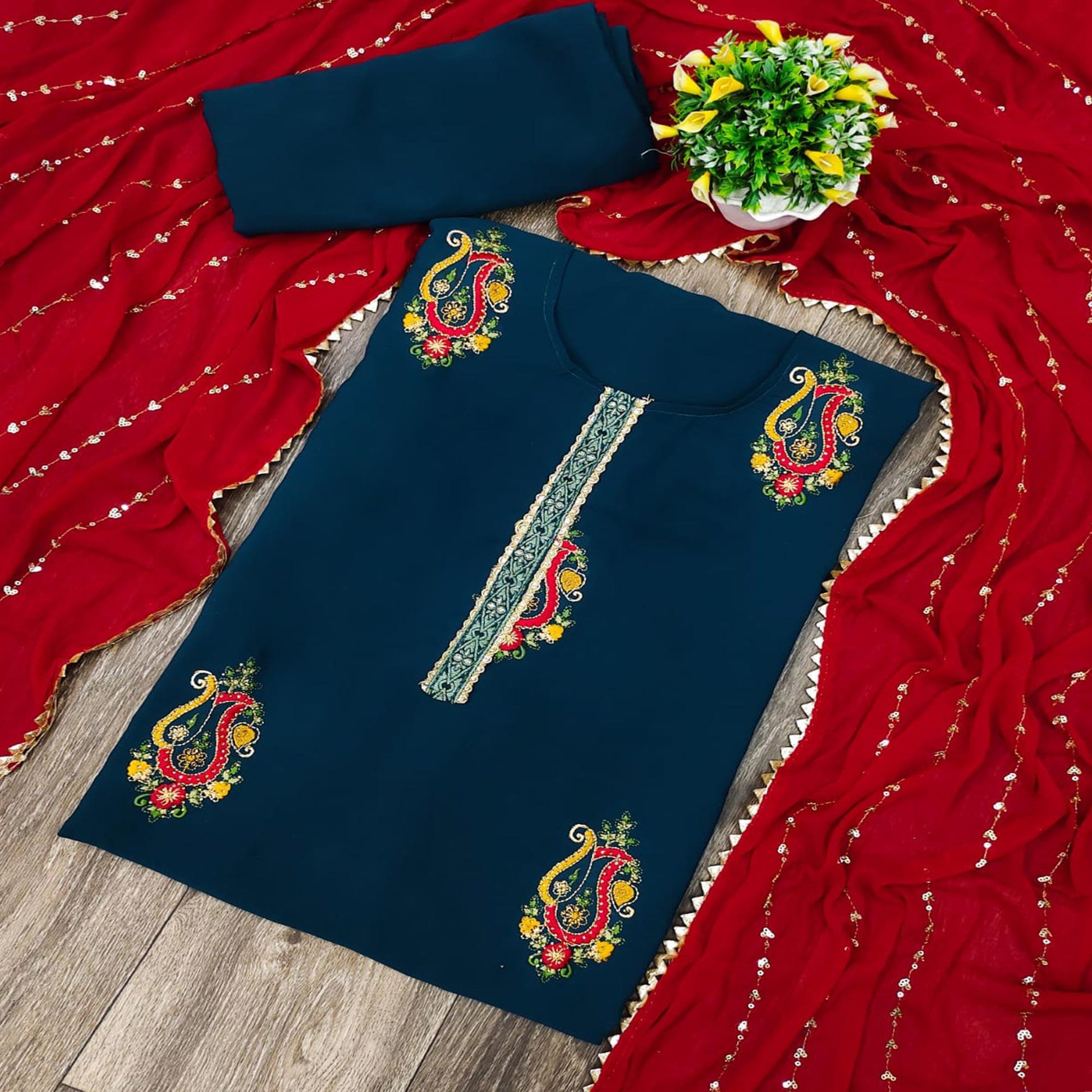 Morpich Festive Wear Embroidered Cotton Dress Material