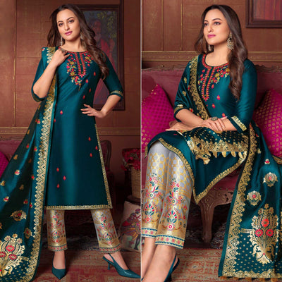 Morpich Floral Embroidered Art Silk Kurti Pant Set With Dupatta