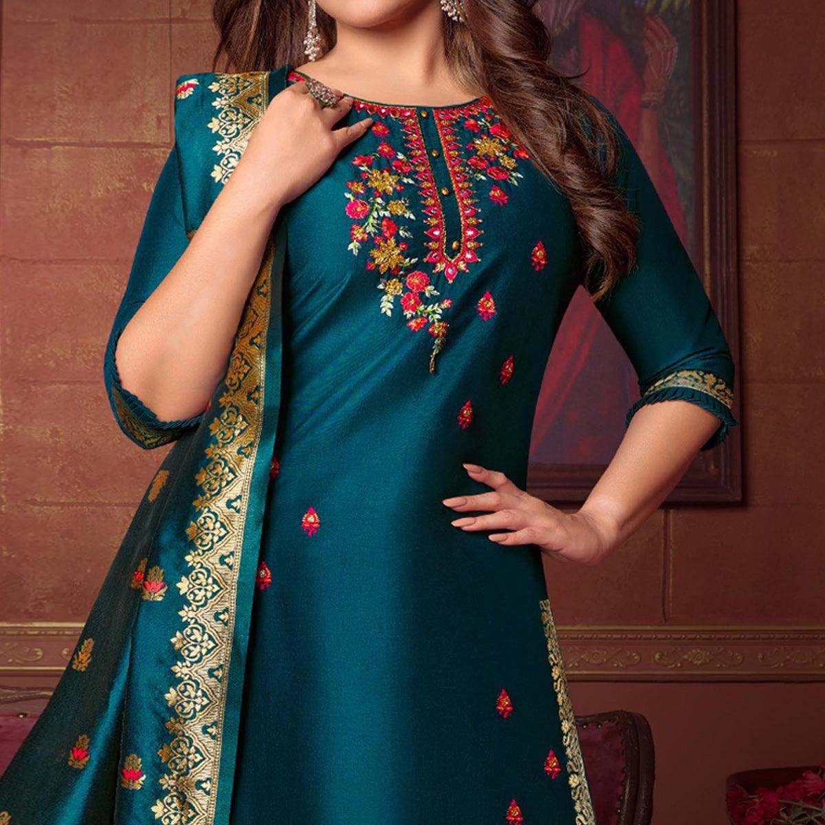 Morpich Floral Embroidered Art Silk Kurti Pant Set With Dupatta