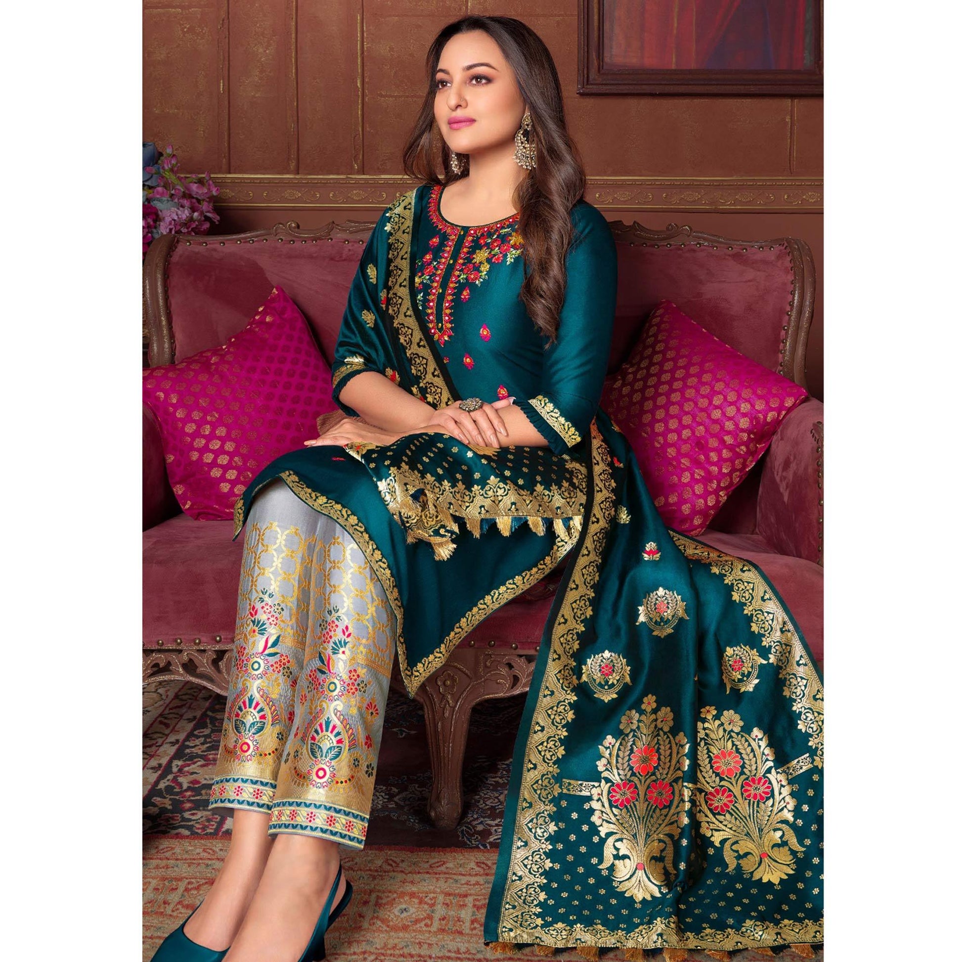 Morpich Floral Embroidered Art Silk Kurti Pant Set With Dupatta