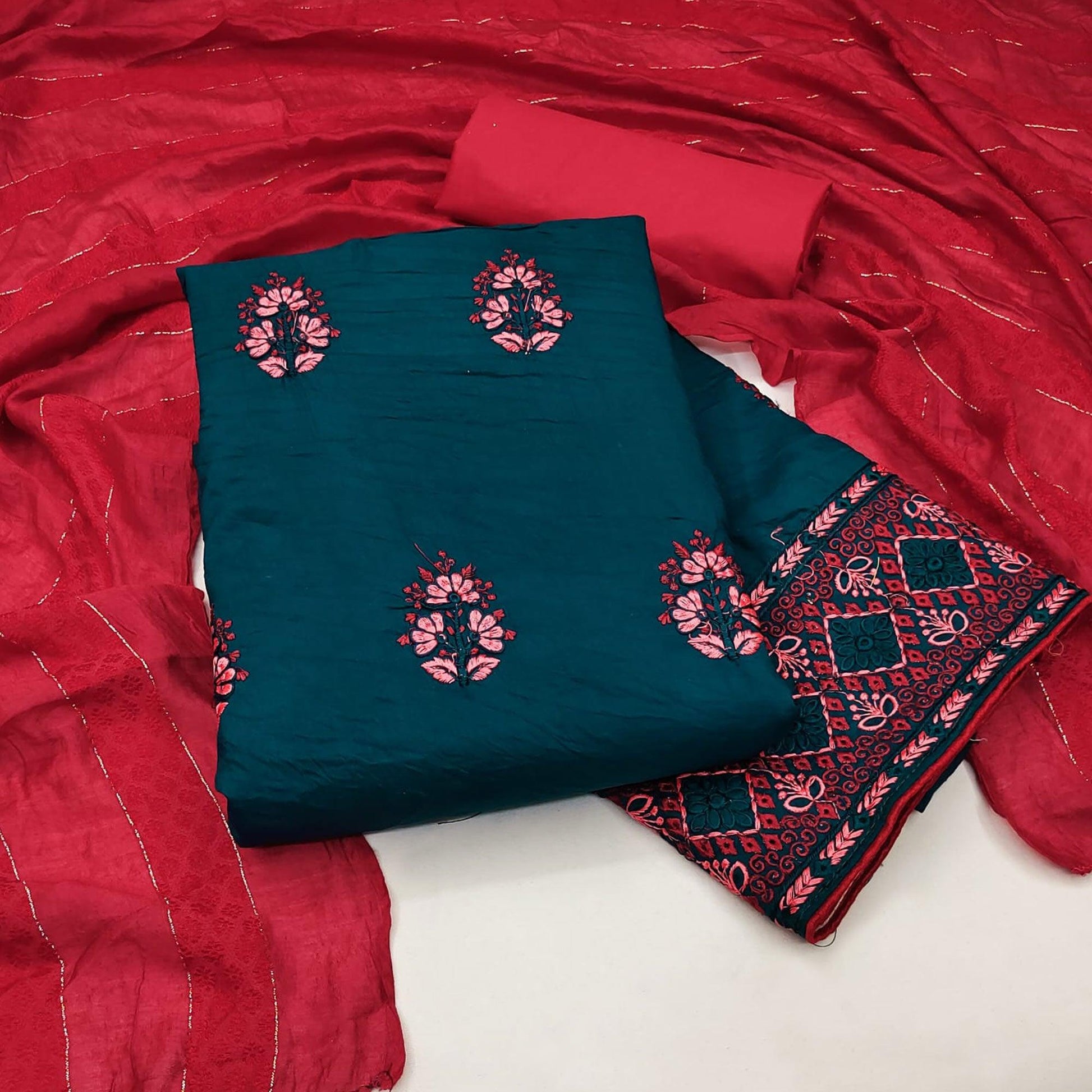 Morpich Floral Embroidered Pure Silk Dress Material
