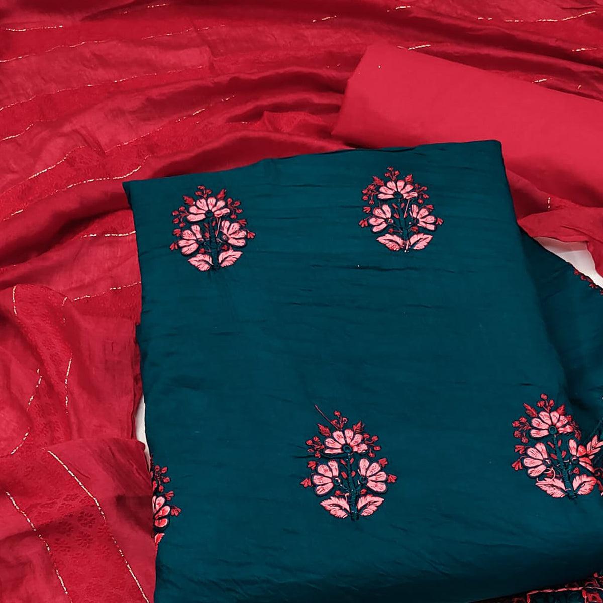 Morpich Floral Embroidered Pure Silk Dress Material
