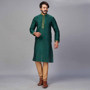 refreshing-green-coloured-partywear-embroidered-pure-jacquard-silk-kurta-pyjama-set-104334