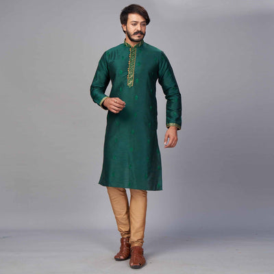 refreshing-green-coloured-partywear-embroidered-pure-jacquard-silk-kurta-pyjama-set-104334