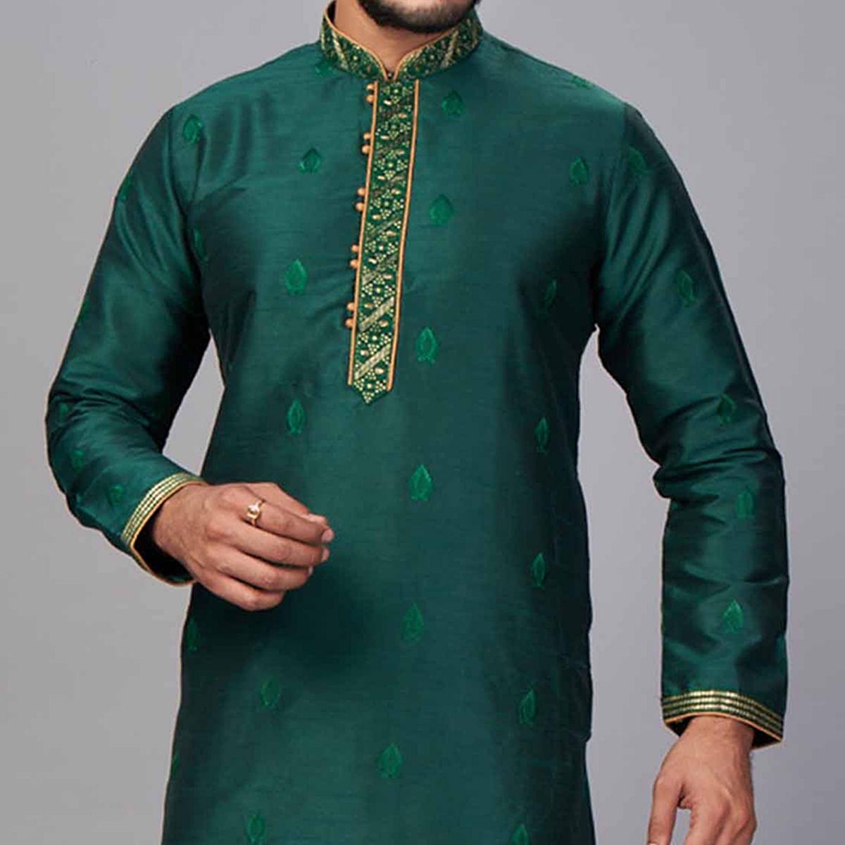 refreshing-green-coloured-partywear-embroidered-pure-jacquard-silk-kurta-pyjama-set-104334
