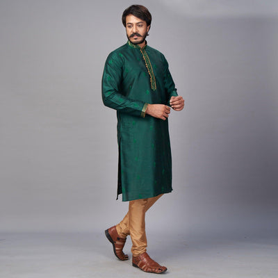 refreshing-green-coloured-partywear-embroidered-pure-jacquard-silk-kurta-pyjama-set-104334
