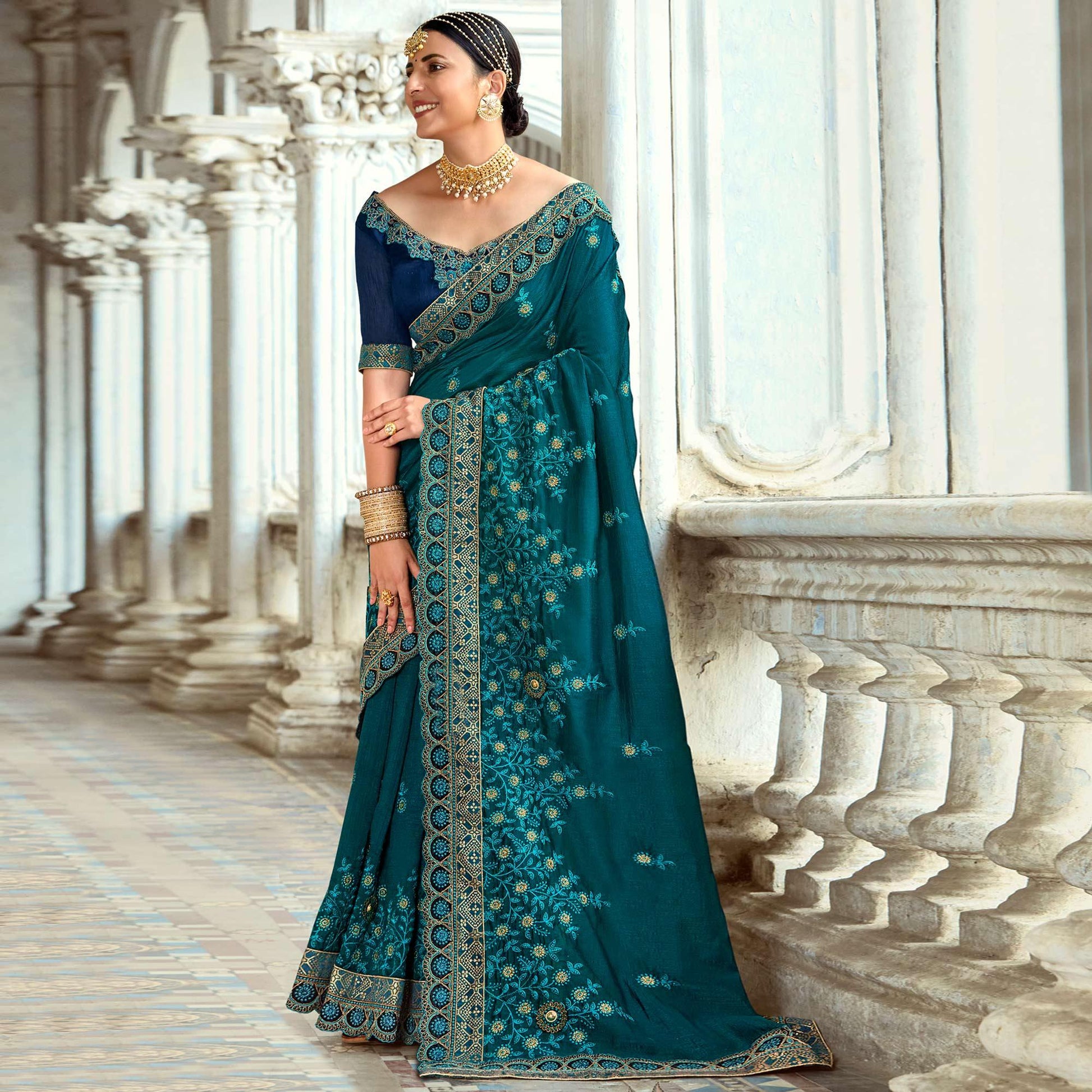 Morpich Floral Embroidered Vichitra Silk Saree