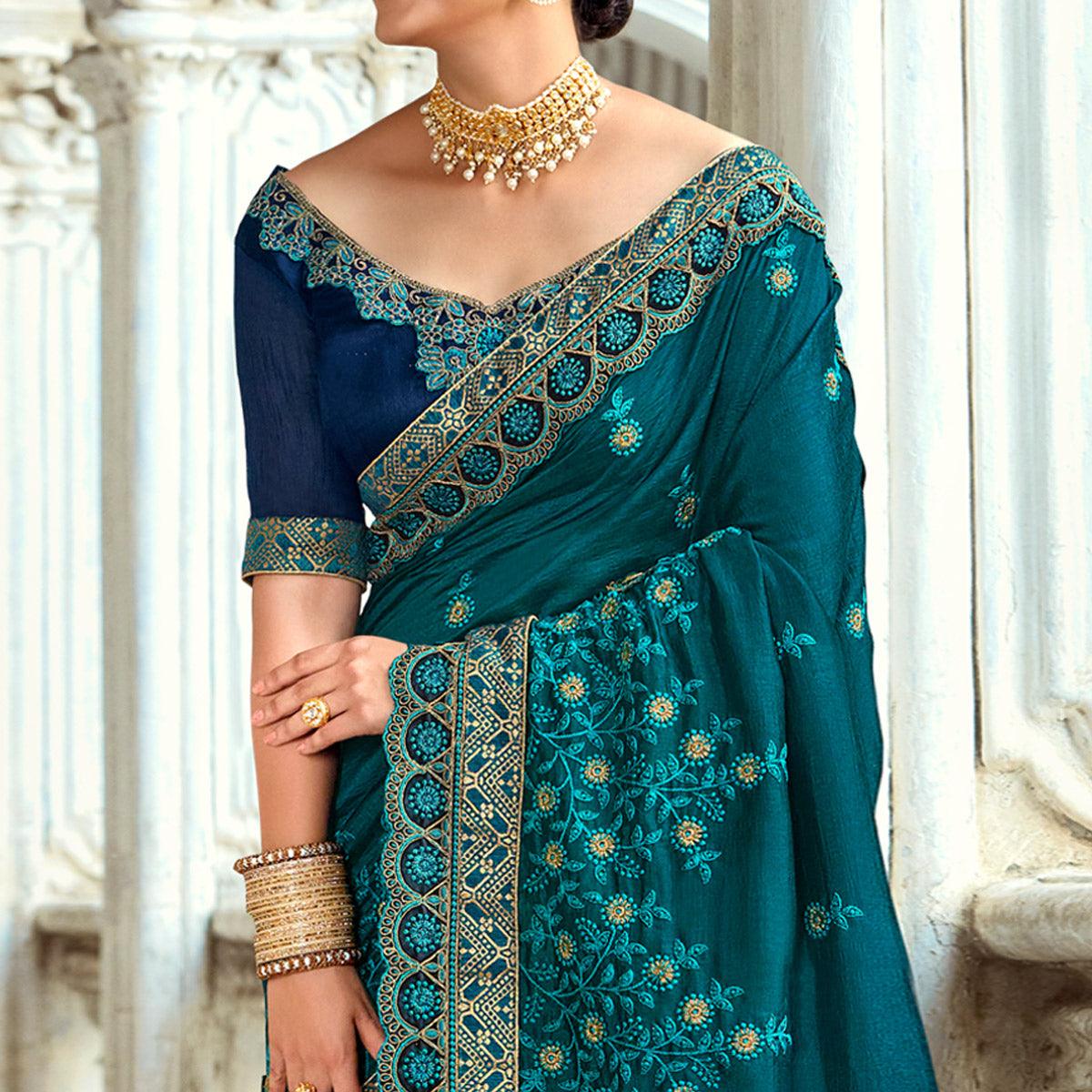 Morpich Floral Embroidered Vichitra Silk Saree