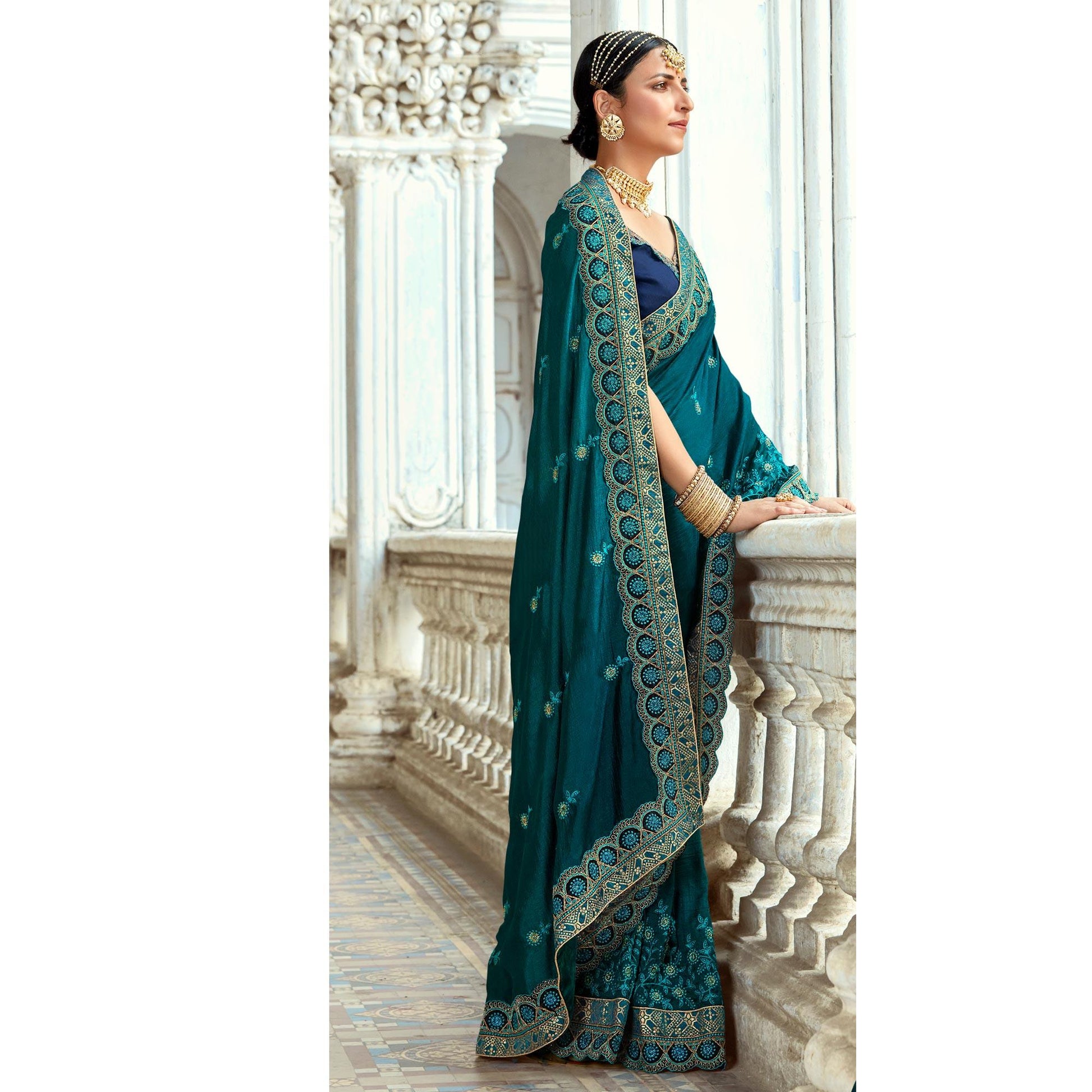 Morpich Floral Embroidered Vichitra Silk Saree