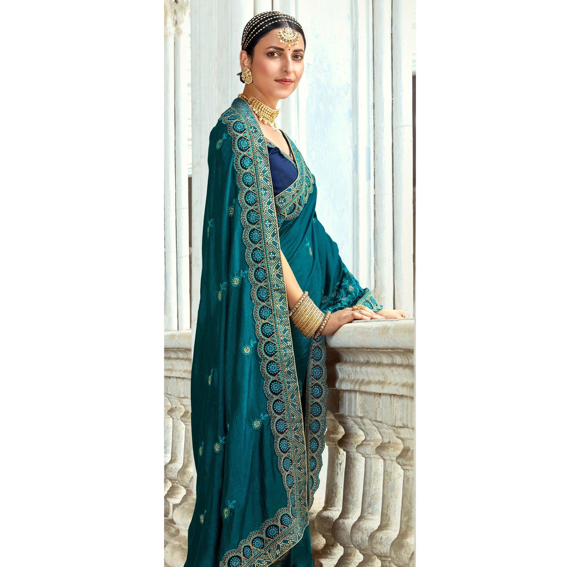 Morpich Floral Embroidered Vichitra Silk Saree