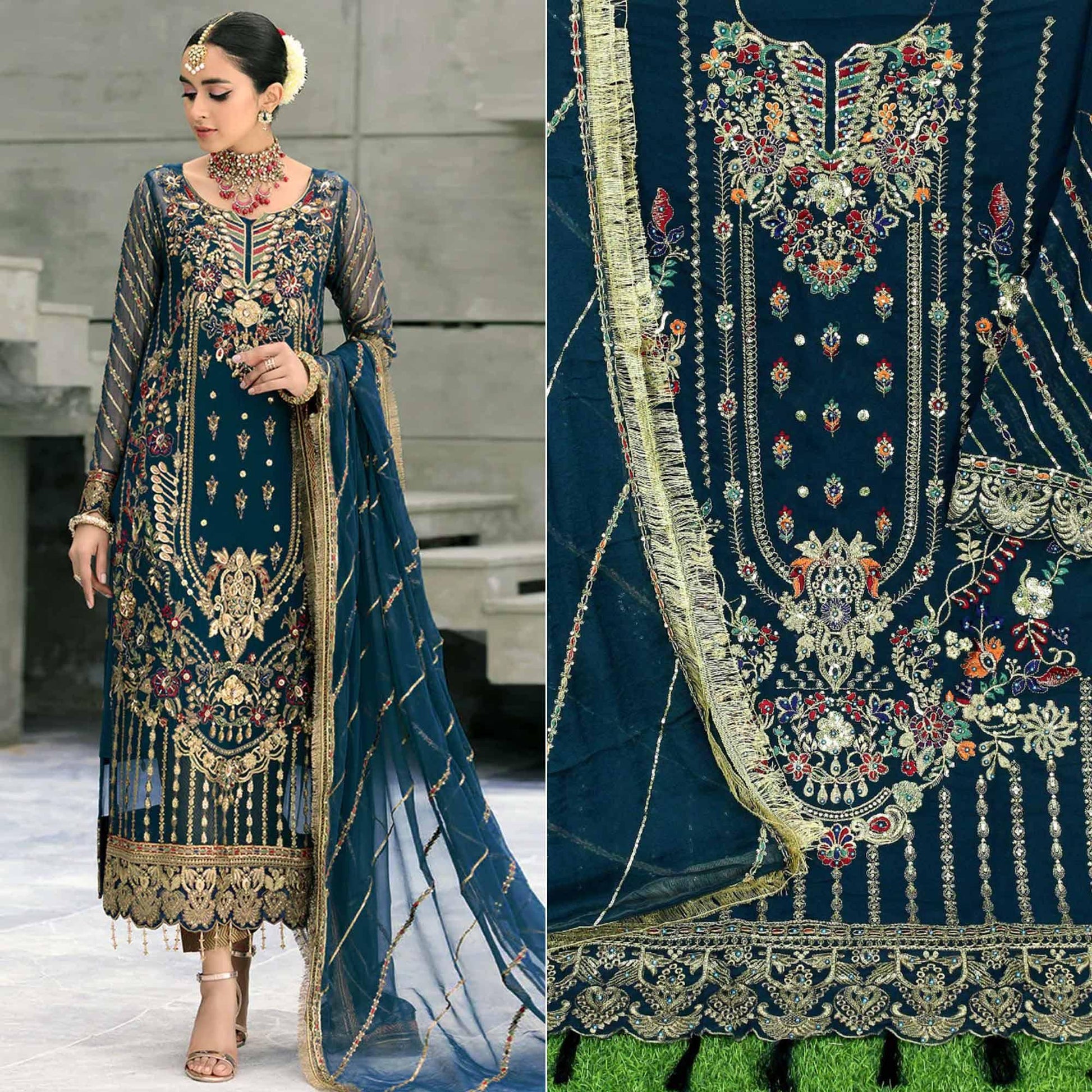 Morpich Floral Embroidered With Sequins Georgette Pakistani Suit