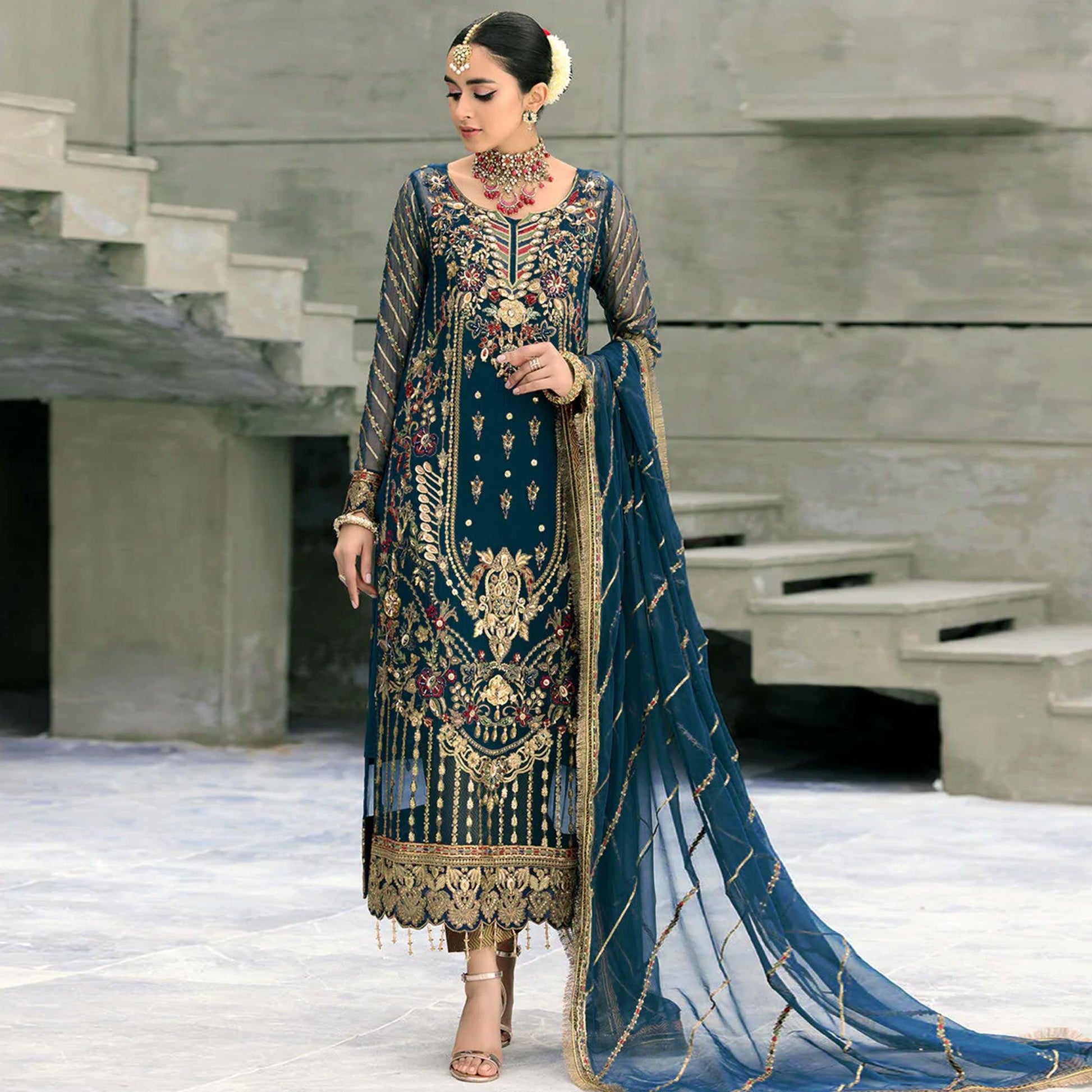 Morpich Floral Embroidered With Sequins Georgette Pakistani Suit