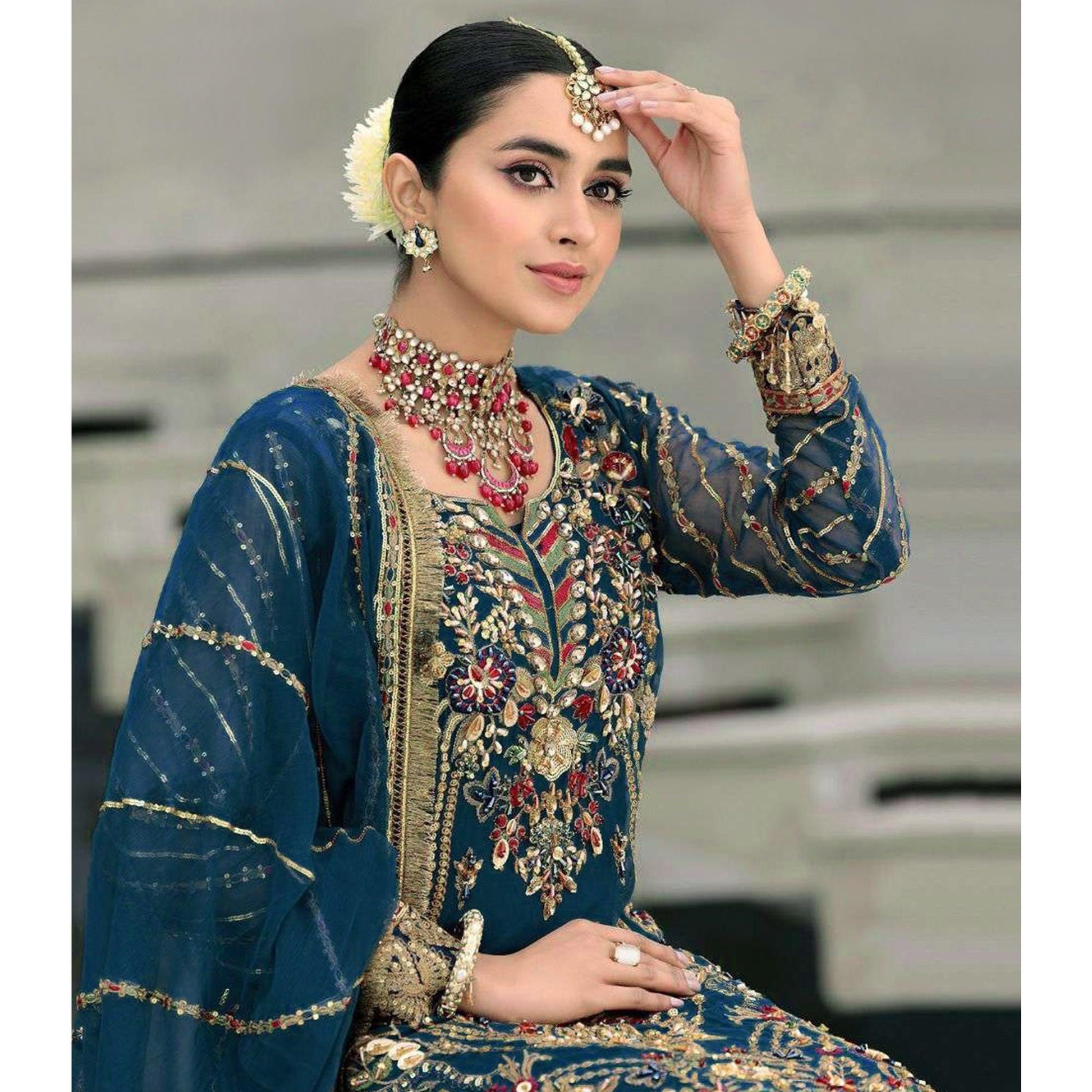 Morpich Floral Embroidered With Sequins Georgette Pakistani Suit