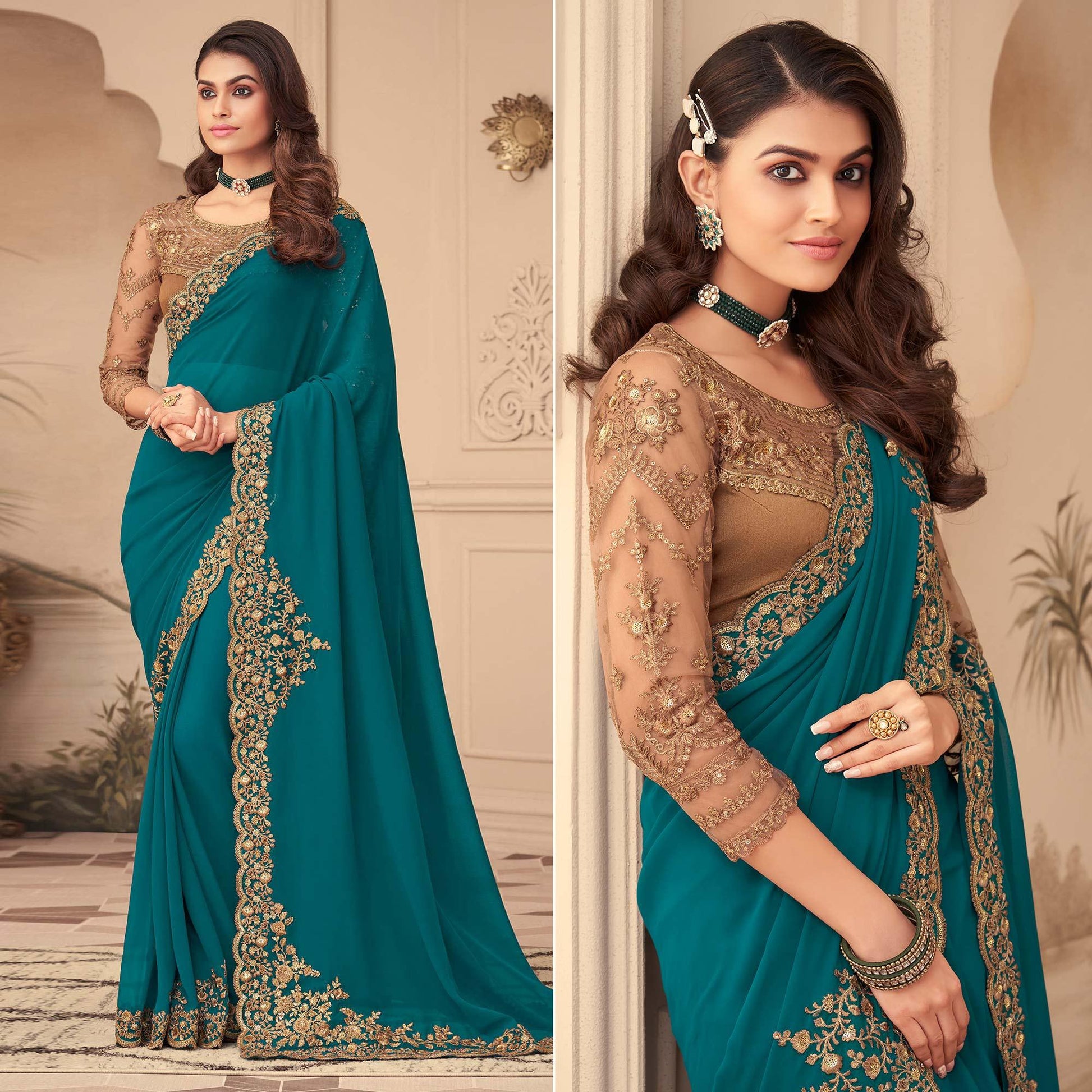 Morpich Floral Sequins Embroidered Georgette Saree