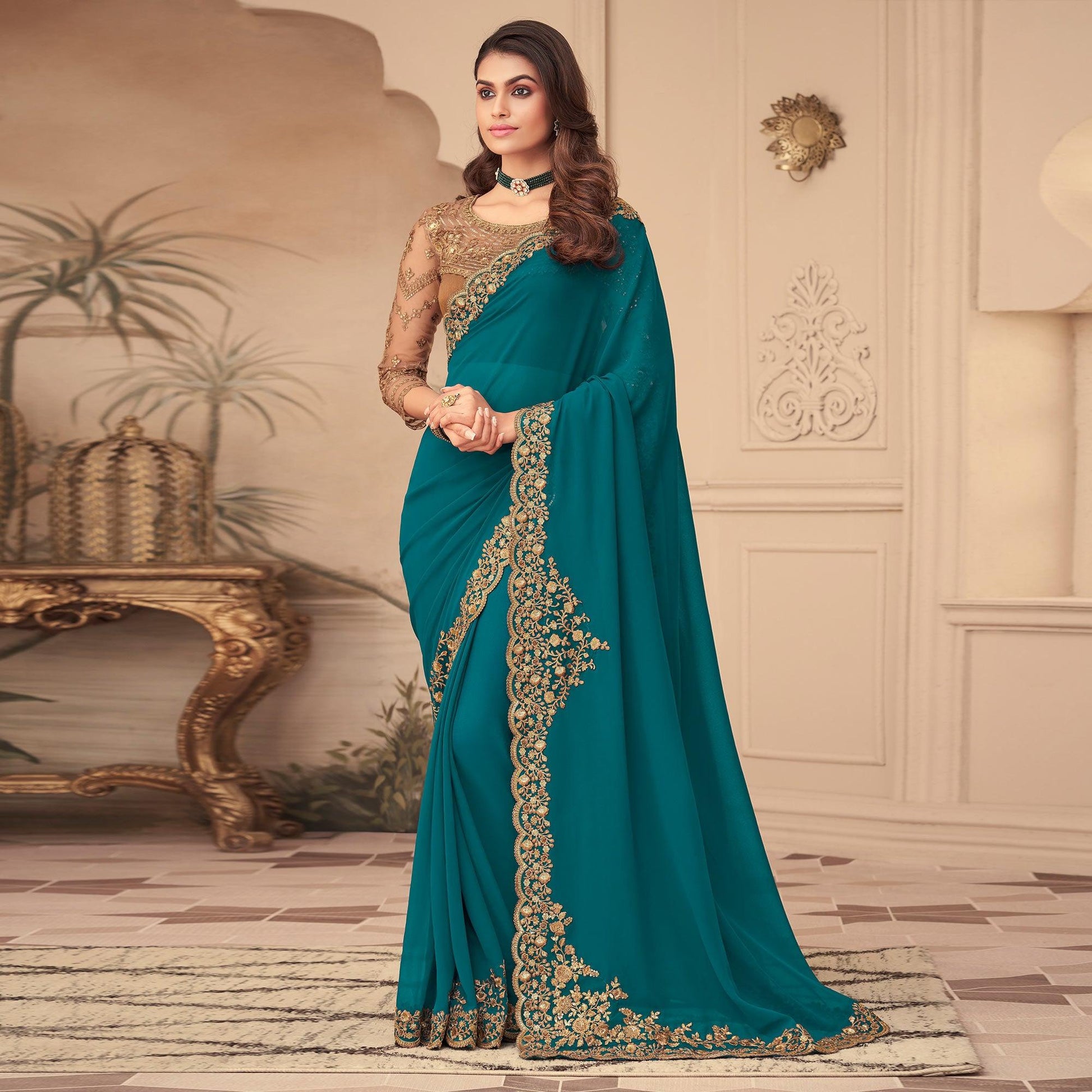 Morpich Floral Sequins Embroidered Georgette Saree