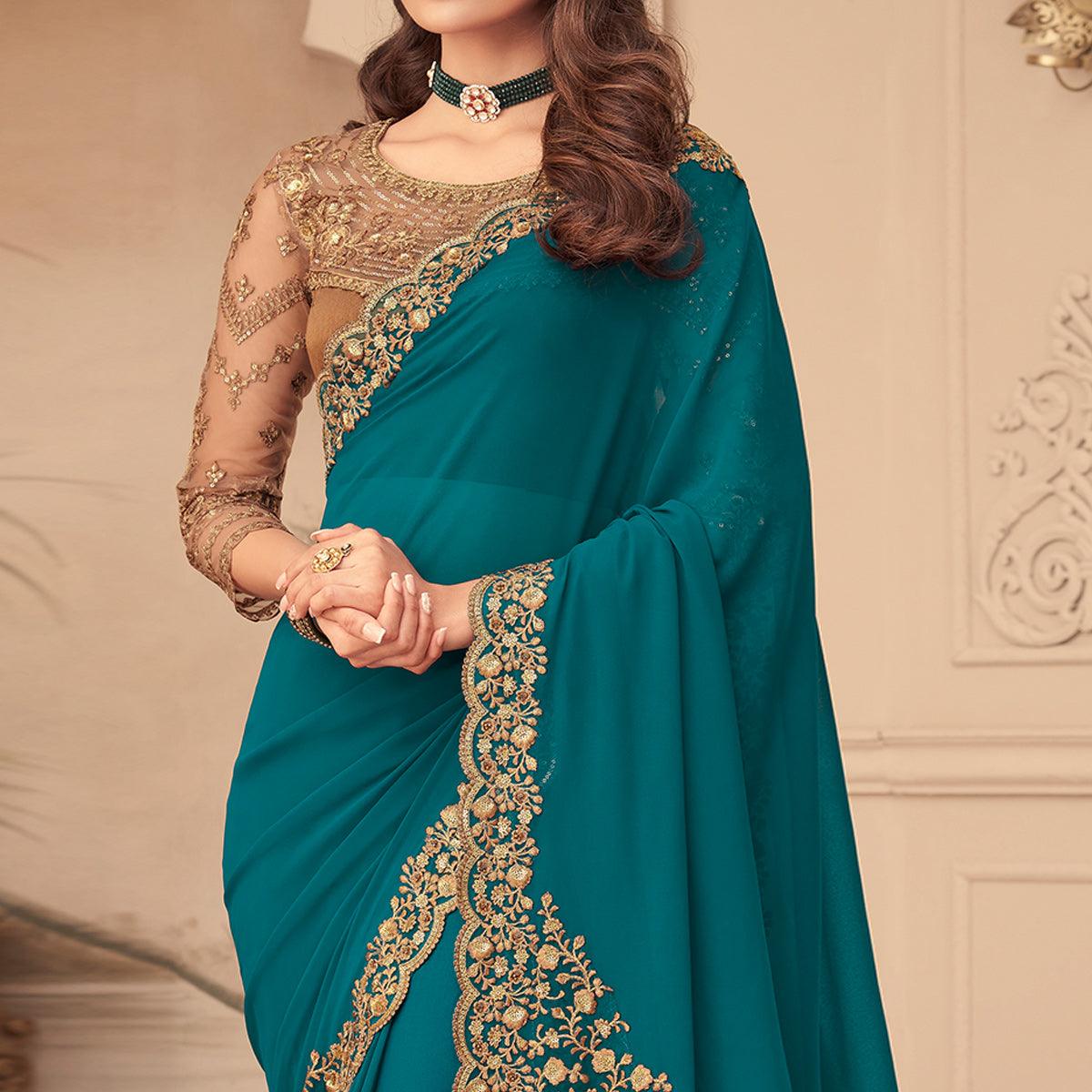 Morpich Floral Sequins Embroidered Georgette Saree