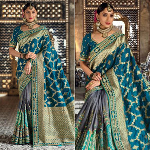 Morpich-Grey Festive Wear Woven Banarasi Silk Half & Half Saree