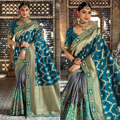 Morpich-Grey Festive Wear Woven Banarasi Silk Half & Half Saree