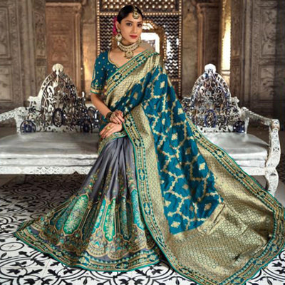 Morpich-Grey Festive Wear Woven Banarasi Silk Half & Half Saree