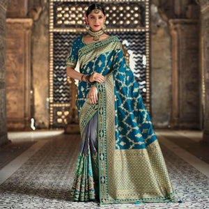 Morpich-Grey Festive Wear Woven Banarasi Silk Half & Half Saree