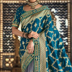 Morpich-Grey Festive Wear Woven Banarasi Silk Half & Half Saree