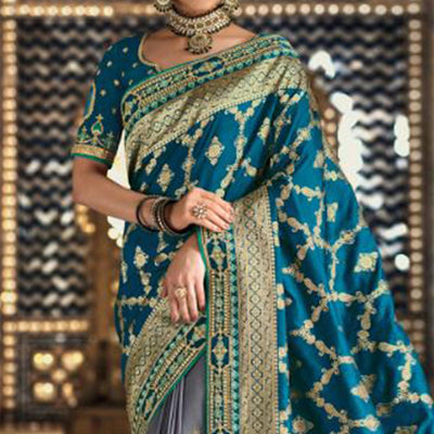 Morpich-Grey Festive Wear Woven Banarasi Silk Half & Half Saree