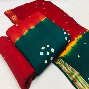 Morpich-Red Bandhani Printed Cotton Blend Dress Material