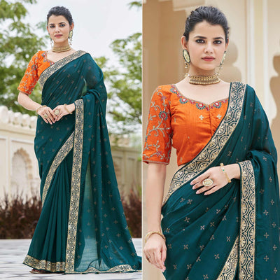 Morpich Sequins With swarovski Work Vichitra Silk Saree
