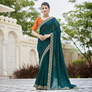 Morpich Sequins With swarovski Work Vichitra Silk Saree