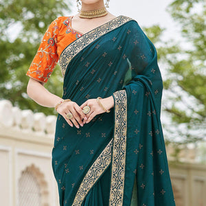 Morpich Sequins With swarovski Work Vichitra Silk Saree