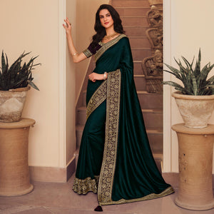 Morpich Solid Vichitra Silk Saree With Tassels