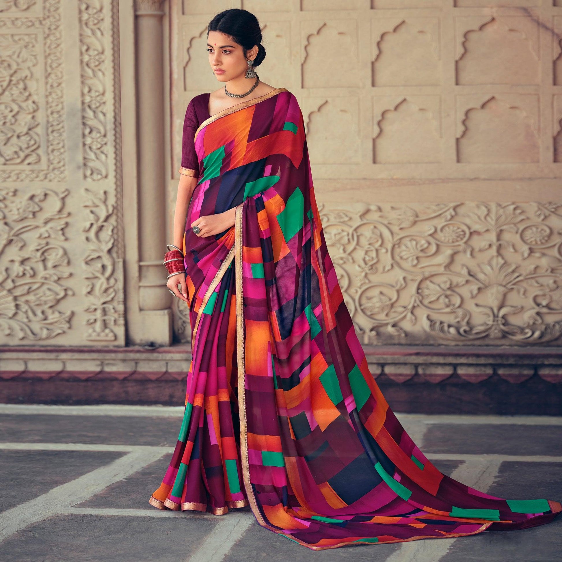 Mulitcolored Casual Wear Geometric Printed Heavy Micro Saree
