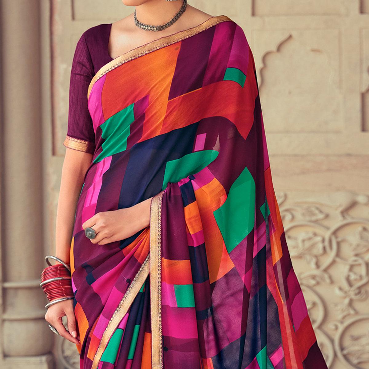 Mulitcolored Casual Wear Geometric Printed Heavy Micro Saree