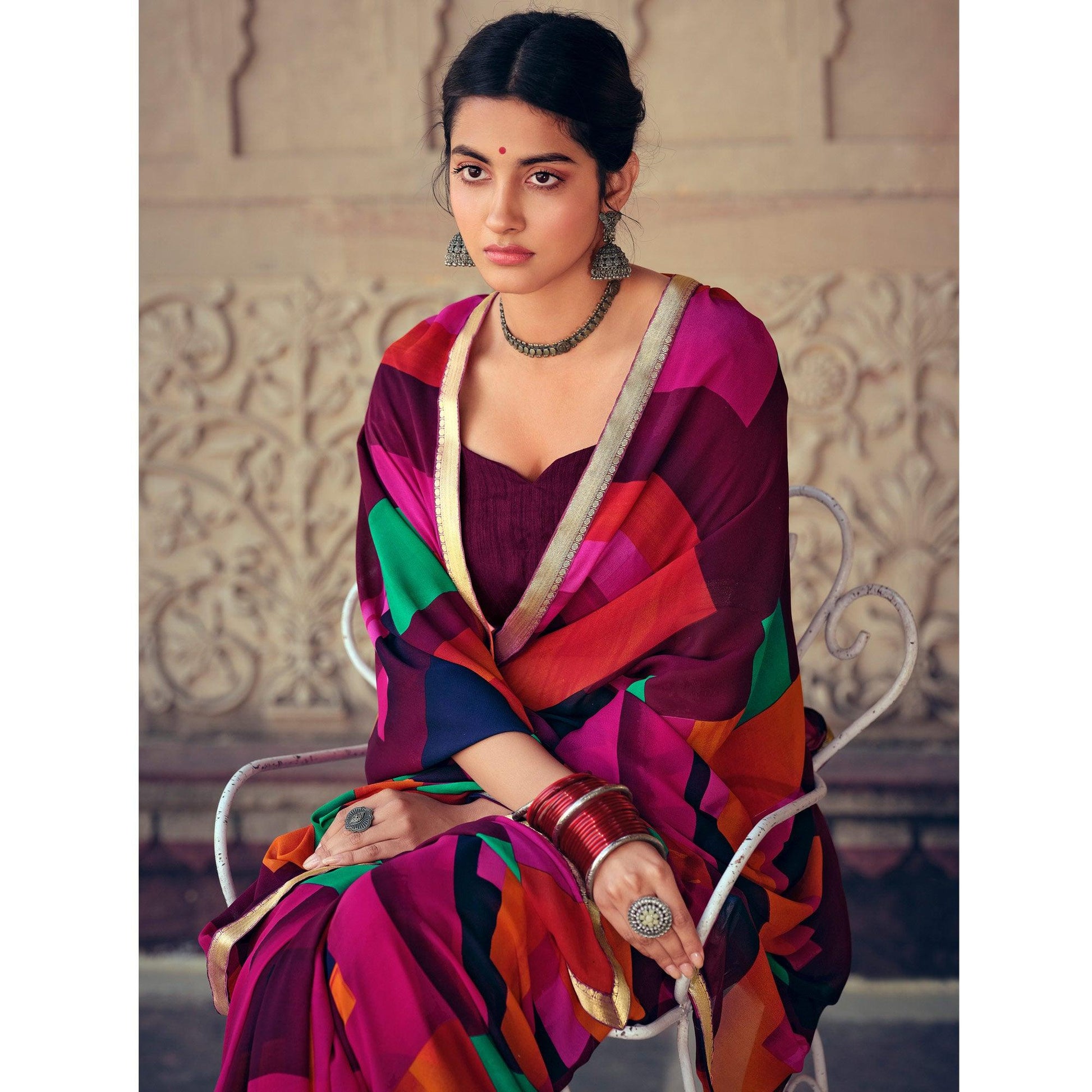 Mulitcolored Casual Wear Geometric Printed Heavy Micro Saree