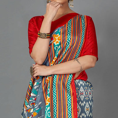 Multi Casual Art Silk Printed Saree With Unstitched Blouse
