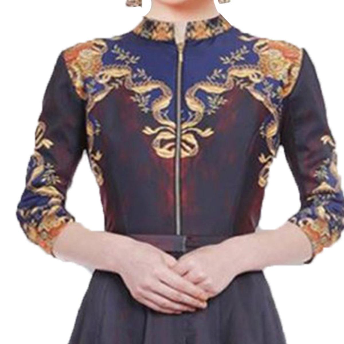 Multi Color Ikkat Printed Gown with Front Zip