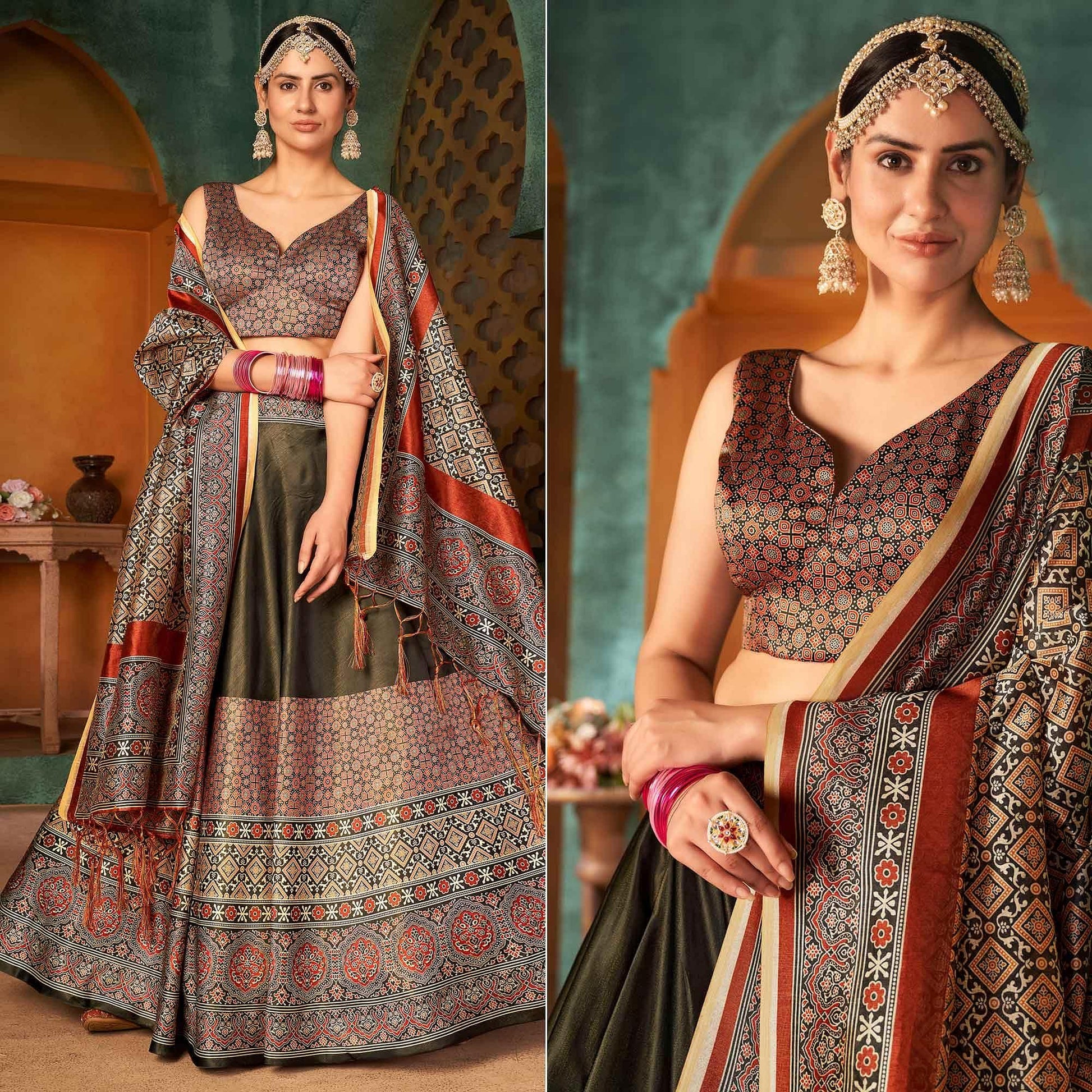 Multi Color Printed Pure Silk Lehenga Choli