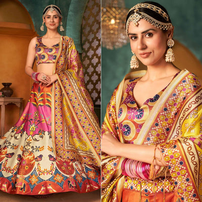 Multi Color Printed Pure Silk Lehenga Choli