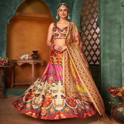 Multi Color Printed Pure Silk Lehenga Choli