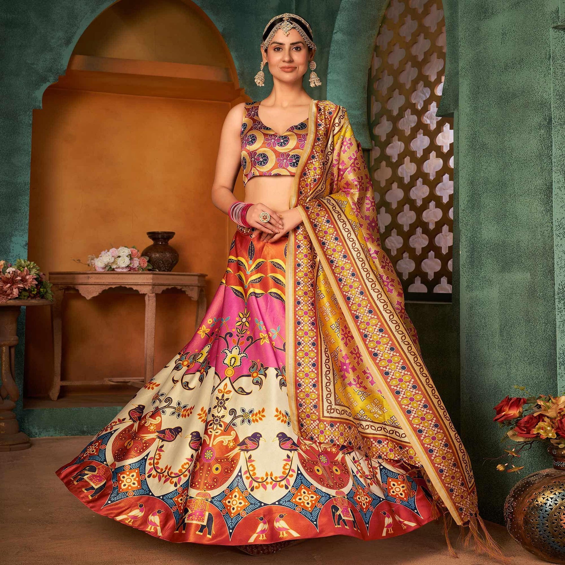 Multi Color Printed Pure Silk Lehenga Choli