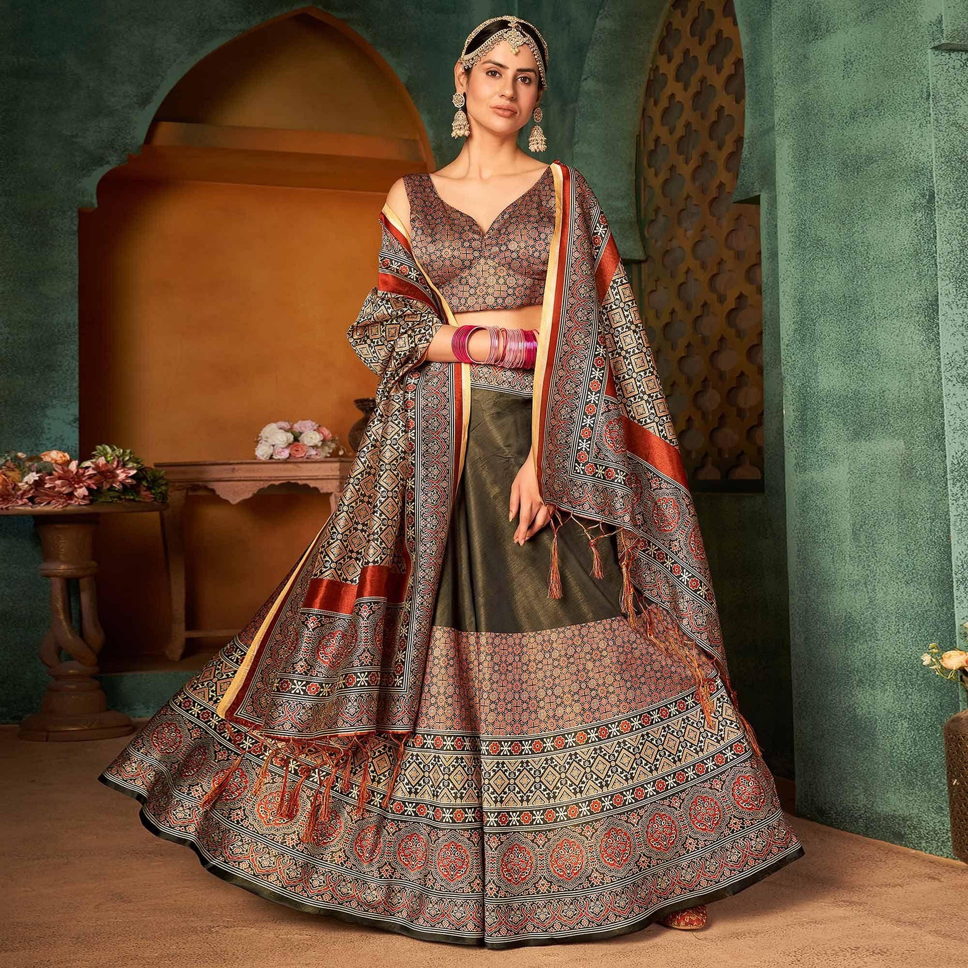 Multi Color Printed Pure Silk Lehenga Choli