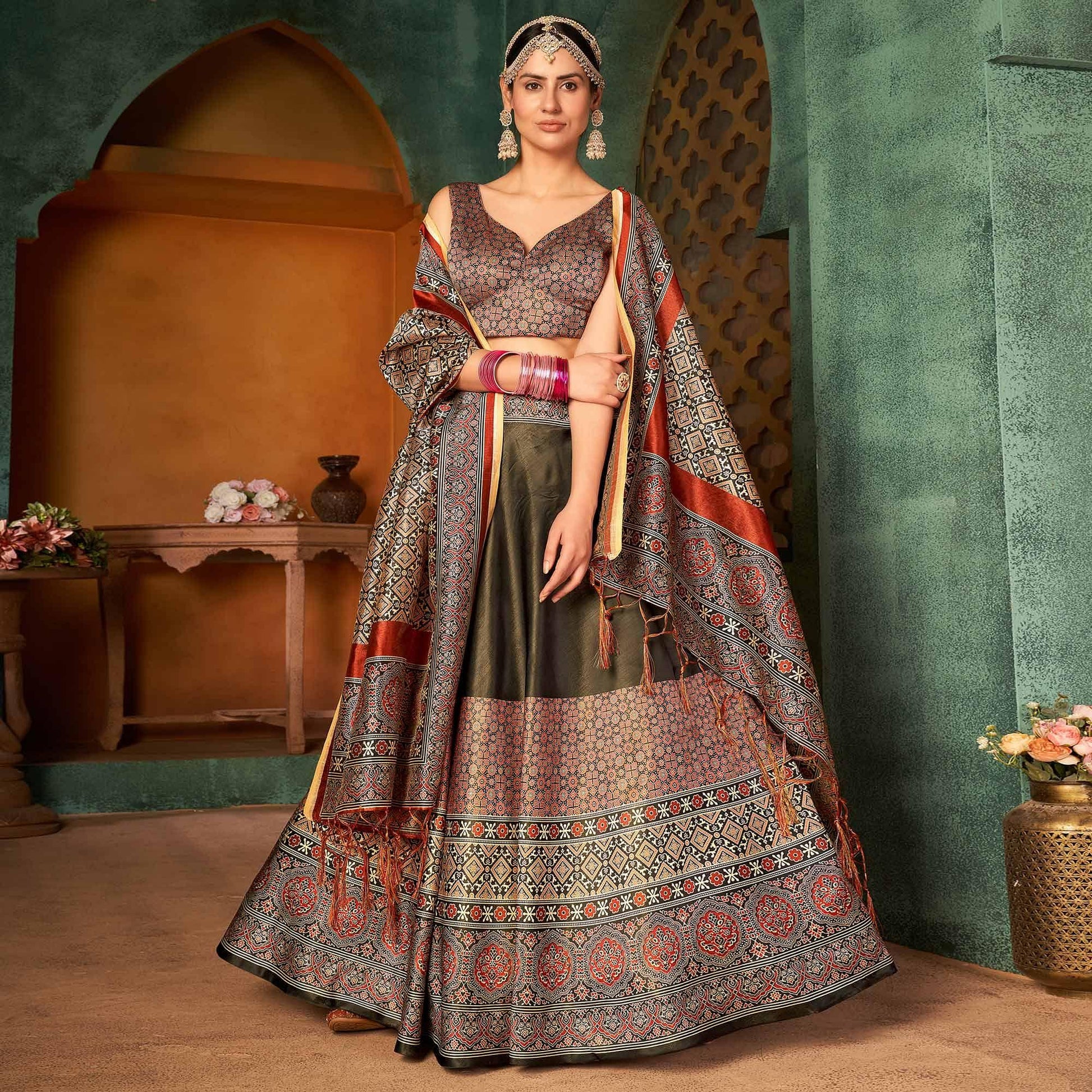 Multi Color Printed Pure Silk Lehenga Choli
