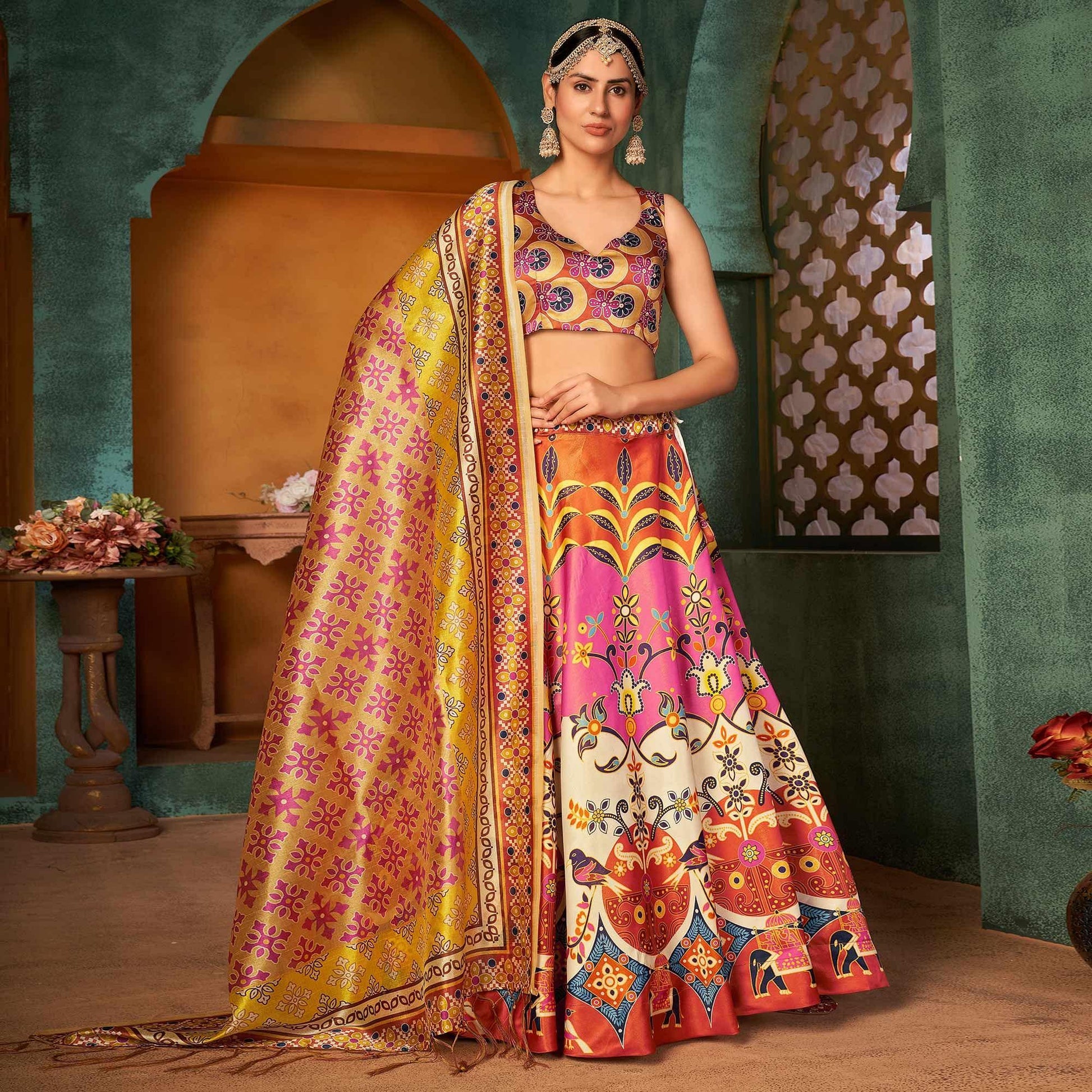 Multi Color Printed Pure Silk Lehenga Choli