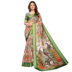 Multi-Green Colored Casual Wear Floral Peacock Digital Printed Linen Slub saree