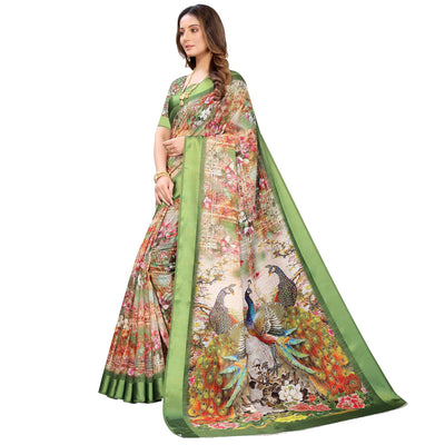 Multi-Green Colored Casual Wear Floral Peacock Digital Printed Linen Slub saree