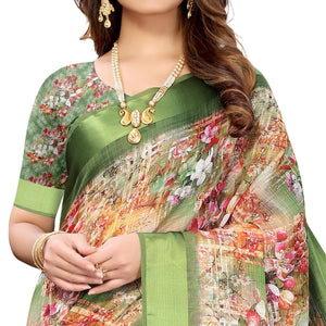 Multi-Green Colored Casual Wear Floral Peacock Digital Printed Linen Slub saree